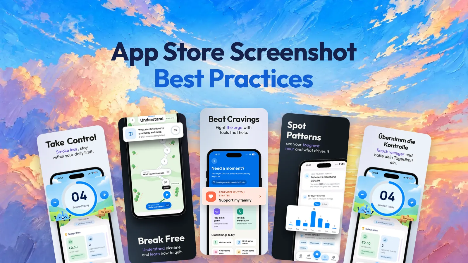 App Store Screenshot Best Practices title on a painted sky, above the Smoke Off screenshot kit in English and German