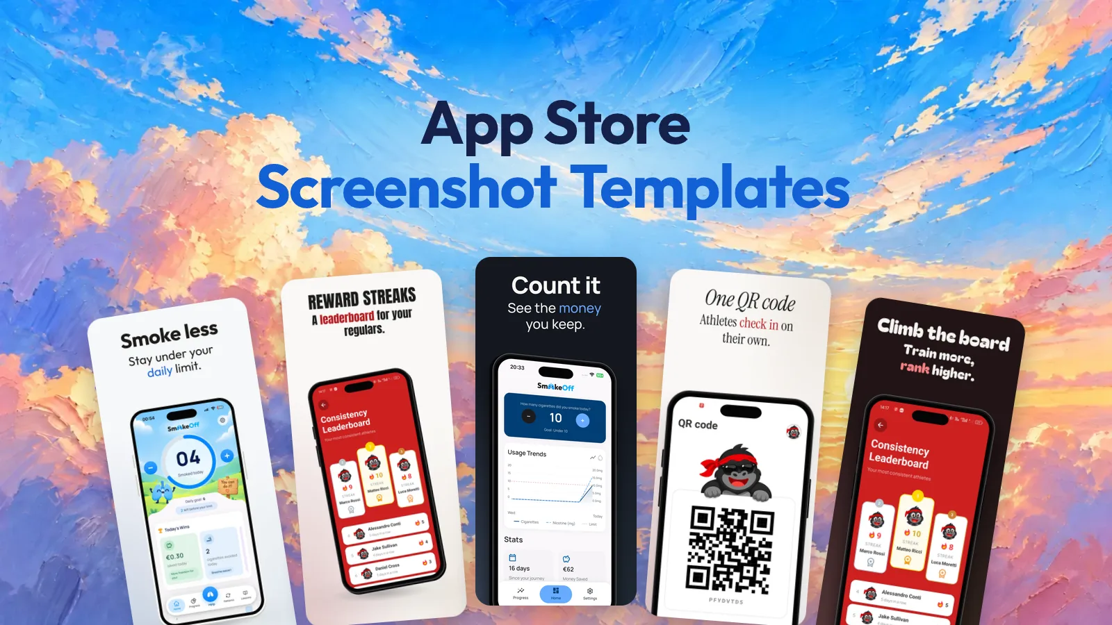 App Store Screenshot Templates title on a painted sky, above five iPhone screenshots made with different templates