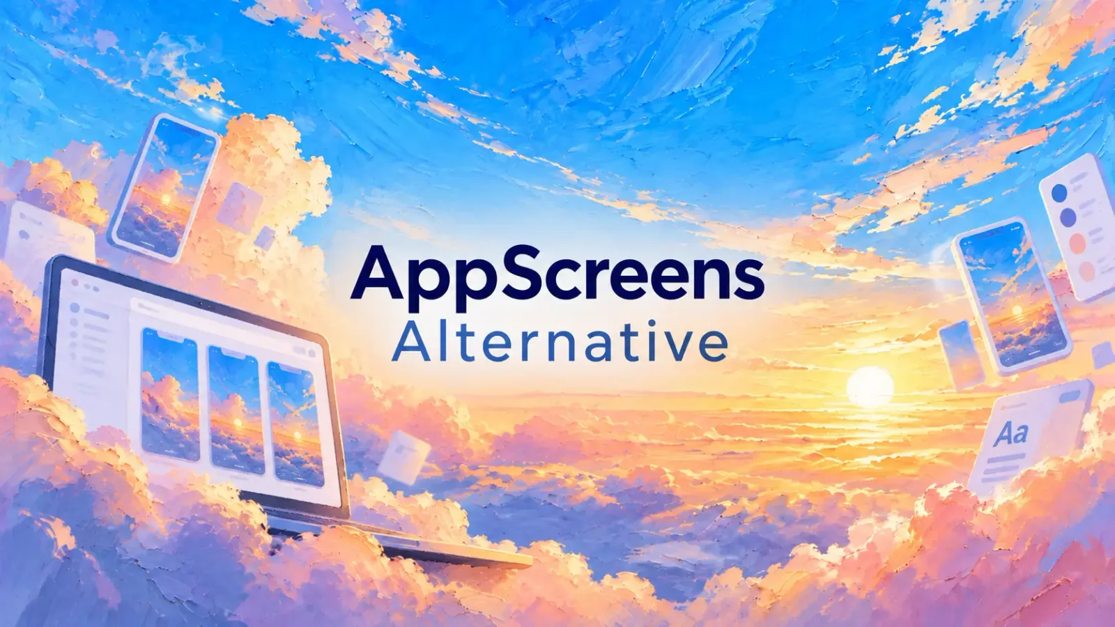 AppScreens Alternative title on a painted sunset sky, with a laptop showing three screenshots and phones floating in the clouds