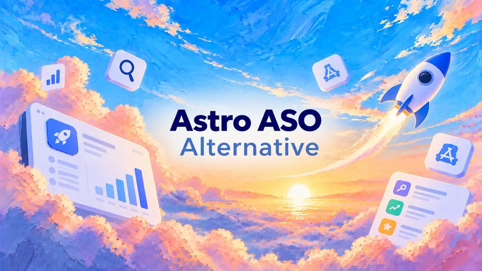 Astro ASO Alternative title on a painted sunset sky, with a keyword chart, a rocket and App Store icons floating in the clouds