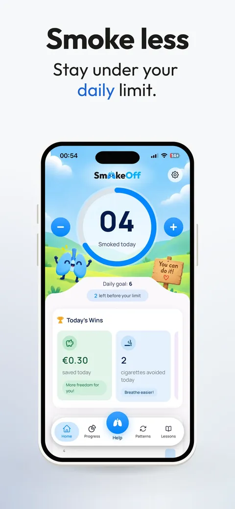 Calm template, screen 1: “Smoke less” over a Smoke Off screen