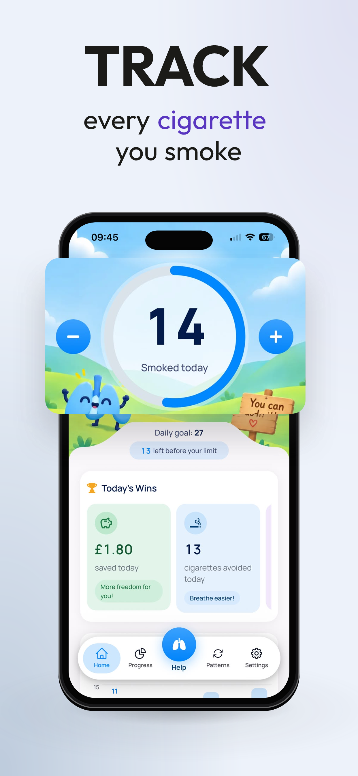 SmokeOff: daily tracking App Store screenshot with a headline, device frame, and background