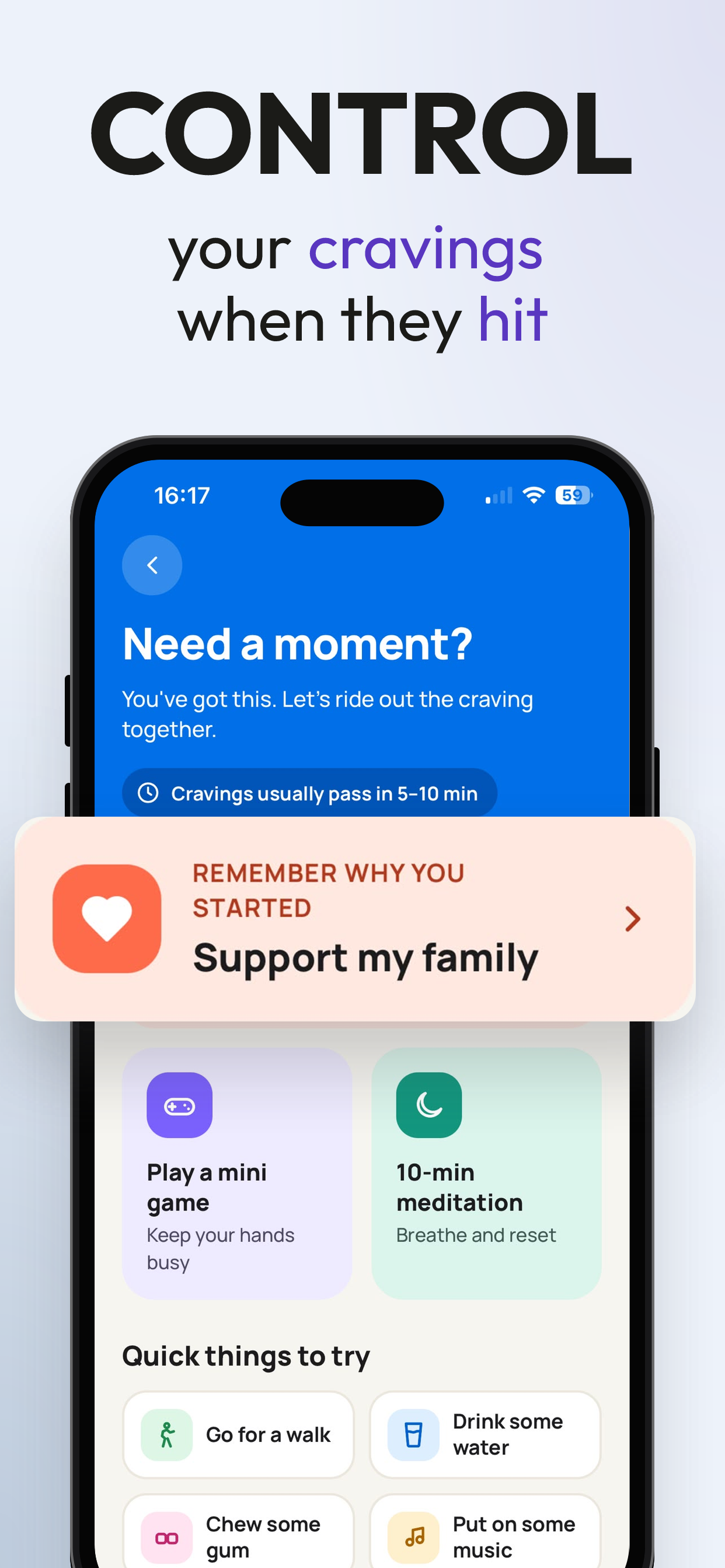 SmokeOff: craving support App Store screenshot with a headline, device frame, and background